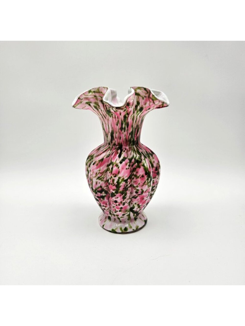 Fenton Pink Green Murrhina Adventurine Ruffle 7.5" Vase
